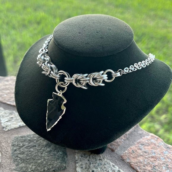 Handmade maille choker necklace black obsidian arrow charm boho goth gemstones - Picture 6 of 13